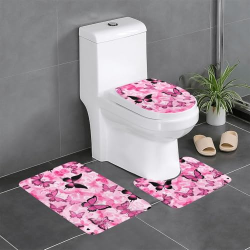 HDSKFNS Badezimmerteppich-Set, nahtlos, mit Schmetterlings-Motiv, 3-teilig, Badematte, Badematte, Flanell-Matten, für U-förmige WC-Wanne, Dusche von HDSKFNS