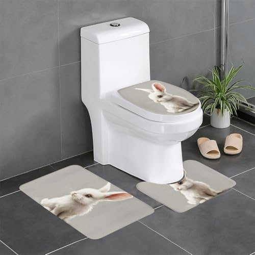 HDSKFNS Badezimmerteppich-Set, niedliches weißes Kaninchen-Motiv, 3-teilig, Badematte, Flanell-Matten, für U-förmige WC-Wanne, Dusche von HDSKFNS