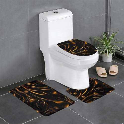 HDSKFNS Badezimmerteppich-Set, schwarz-goldener Hintergrund, 3-teilig, Badvorleger, Badezimmer, Flanellmatten, für U-förmige WC-Wanne, Dusche von HDSKFNS