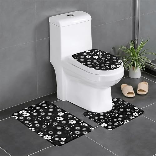 HDSKFNS Badezimmerteppich-Set, schwarz-weiß, Blumendruck, 3-teilig, Badvorleger, Badezimmer, Flanellmatten, für U-förmige WC-Wanne, Dusche HDSKFNS Badezimmerteppich-Set, schwarz-weiß, Blumendruck, 3-teilig, Badvorleger, Badezimmer, Flanellmatten, für U-förmige WC-Wanne, Dusche von HDSKFNS