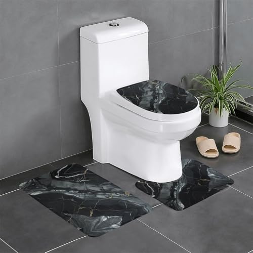 HDSKFNS Badezimmerteppich-Set, schwarzer Marmor-Druck, 3-teilig, Badematte, Badezimmer, Flanellmatten, für U-förmige WC, Badewanne, Dusche von HDSKFNS