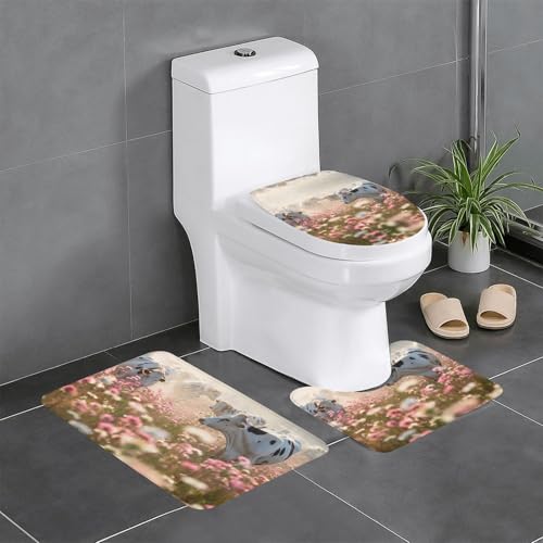 HDSKFNS Badezimmerteppich-Set mit Blumen- und Kuh-Motiv, 3-teiliges Badteppich-Set, Flanell-Matten, für U-förmige WC-Wanne, Dusche von HDSKFNS