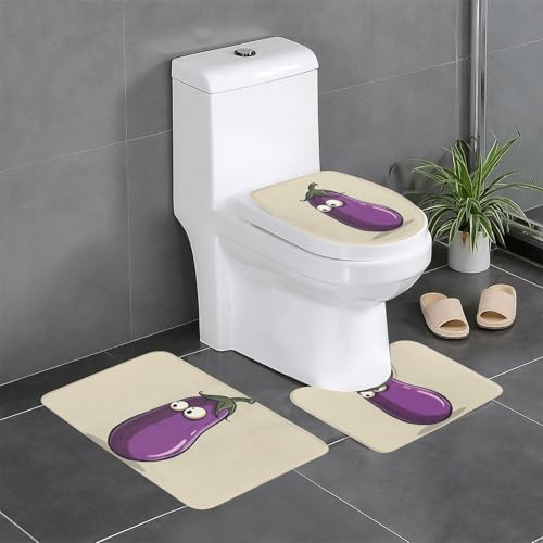 HDSKFNS Badezimmerteppich-Set mit Cartoon-Auberginen-Druck, 3-teiliges Badteppich-Set für Badezimmer, Flanell-Matten, für U-förmige WC-Wanne, Dusche HDSKFNS Badezimmerteppich-Set mit Cartoon-Auberginen-Druck, 3-teiliges Badteppich-Set für Badezimmer, Flanell-Matten, für U-förmige WC-Wanne, Dusche von HDSKFNS