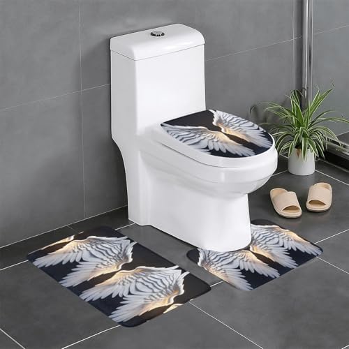 HDSKFNS Badezimmerteppich-Set mit Engelsflügel-Aufdruck, 3-teilig, Badematte, Flanell-Matten, für U-förmige WC-Wanne, Dusche von HDSKFNS