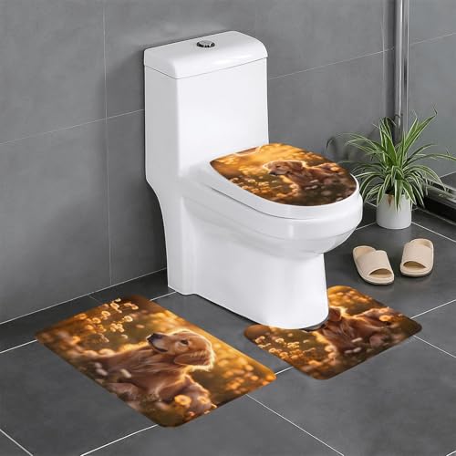 HDSKFNS Badezimmerteppich-Set mit Hunde- und Blumendruck, 3-teilig, Badematte, Flanell-Matten, für U-förmige WC-Wanne, Dusche von HDSKFNS