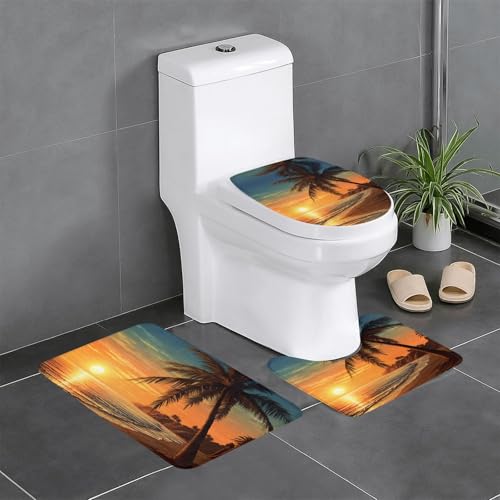 HDSKFNS Badezimmerteppich-Set mit Illustration von Palmen, 3-teiliges Badteppich-Set, Badematte, Flanell-Matten, für U-förmige WC-Wanne, Dusche HDSKFNS Badezimmerteppich-Set mit Illustration von Palmen, 3-teiliges Badteppich-Set, Badematte, Flanell-Matten, für U-förmige WC-Wanne, Dusche von HDSKFNS
