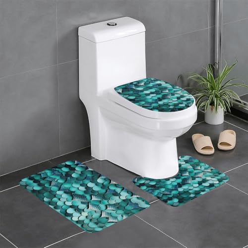 HDSKFNS Badezimmerteppich-Set mit Meerjungfrauen-Motiv und Fischschuppen-Druck, 3-teiliges Badteppich-Set, Badematte, Flanell-Matten, für U-förmige WC-Wanne, Dusche von HDSKFNS
