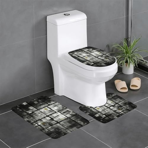 HDSKFNS Badezimmerteppich-Set mit Mosaik-Motiv, schwarz, Schattendruck, 3-teiliges Badteppich, Badezimmer, Flanellmatten, für U-förmige WC-Wanne, Dusche HDSKFNS Badezimmerteppich-Set mit Mosaik-Motiv, schwarz, Schattendruck, 3-teiliges Badteppich, Badezimmer, Flanellmatten, für U-förmige WC-Wanne, Dusche von HDSKFNS