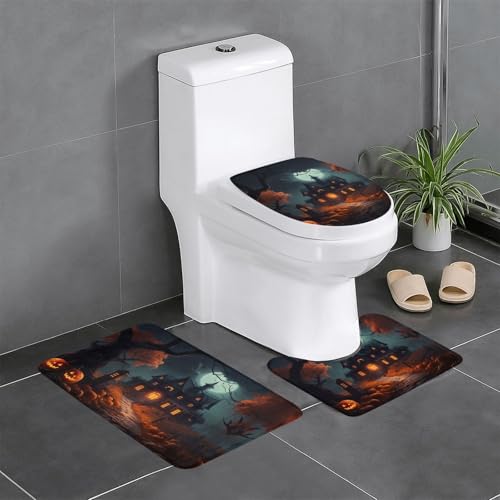 HDSKFNS Badezimmerteppich-Set mit gruseligem Halloween-Druck, 3-teiliges Badteppich, Badezimmer, Flanellmatten, für U-förmige WC-Wanne, Dusche von HDSKFNS