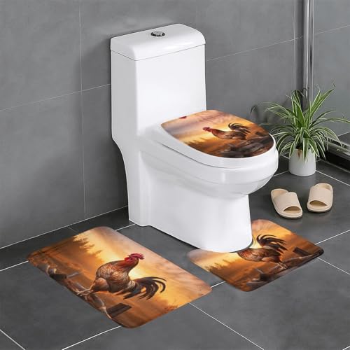HDSKFNS Badteppich-Set, Hahn-auf Holz im Bauernland-Druck, 3-teilig, Badematte, Flanell-Matten, für U-förmige WC-Wanne, Dusche HDSKFNS Badteppich-Set, Hahn-auf Holz im Bauernland-Druck, 3-teilig, Badematte, Flanell-Matten, für U-förmige WC-Wanne, Dusche von HDSKFNS