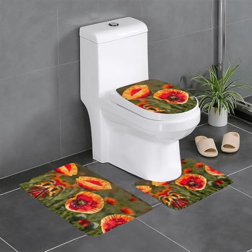 HDSKFNS Badteppich-Set, Mohnblumen-Druck, 3-teilig, Badematte, Badezimmer, Flanellmatten, für U-förmige WC, Badewanne, Dusche HDSKFNS Badteppich-Set, Mohnblumen-Druck, 3-teilig, Badematte, Badezimmer, Flanellmatten, für U-förmige WC, Badewanne, Dusche von HDSKFNS