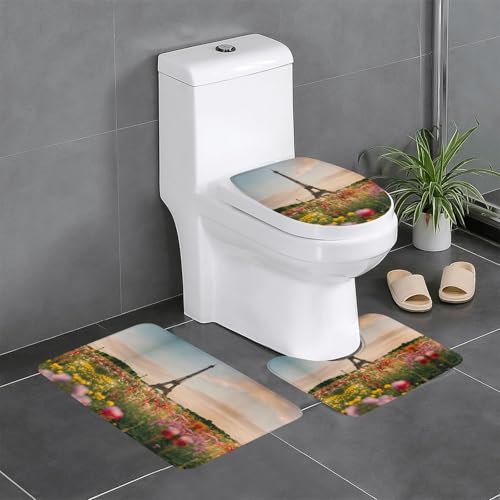 HDSKFNS Badteppich-Set, Motiv: Eiffelturm, Paris, 3-teilig, Badematte, Flanell-Matten, für U-förmige WC, Dusche von HDSKFNS