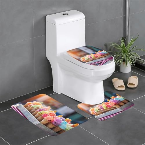 HDSKFNS Badteppich-Set, Motiv: Eiscreme, 3-teilig, Badematte, Flanell-Matten, für U-förmige WC-Wanne, Dusche von HDSKFNS