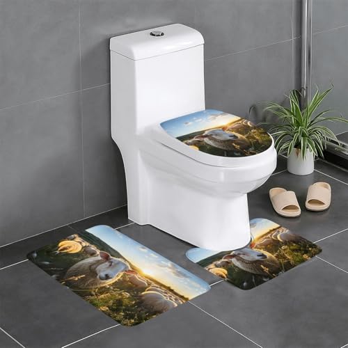 HDSKFNS Badteppich-Set, Motiv: Sonnenuntergang, Weide, 3-teilig, Badematte, Flanell-Matten, für U-förmige WC-Wanne, Dusche von HDSKFNS