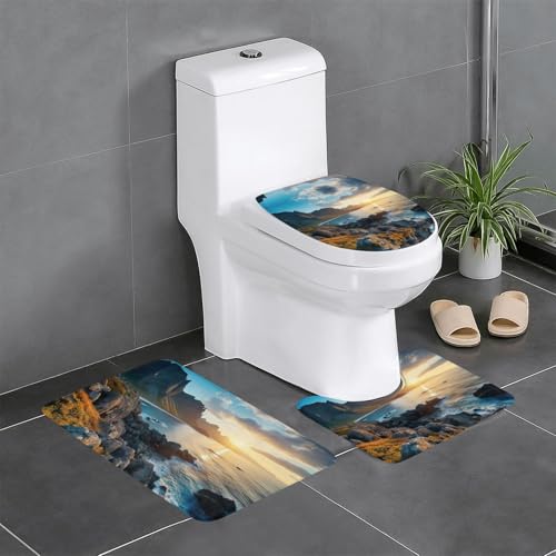 HDSKFNS Badteppich-Set, Motiv: Steine, blaues Meer, Ozean, Sonnenaufgang, Bergdruck, 3-teiliges Badezimmerteppich-Set, Badematte, Flanellmatte, für U-förmige WC, Dusche HDSKFNS Badteppich-Set, Motiv: Steine, blaues Meer, Ozean, Sonnenaufgang, Bergdruck, 3-teiliges Badezimmerteppich-Set, Badematte, Flanellmatte, für U-förmige WC, Dusche von HDSKFNS