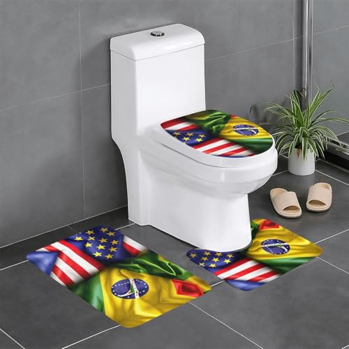 HDSKFNS Badteppich-Set, Motiv: amerikanische und brasilianische Flaggen, 3-teilig, Badematte, Flanell-Matten, für U-förmige WC-Wanne, Dusche HDSKFNS Badteppich-Set, Motiv: amerikanische und brasilianische Flaggen, 3-teilig, Badematte, Flanell-Matten, für U-förmige WC-Wanne, Dusche von HDSKFNS
