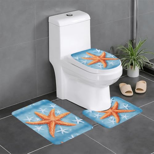 HDSKFNS Badteppich-Set, blauer Hintergrund, Seestern, 1 Druck, 3-teilig, Badematte, Badezimmer, Flanellmatten, für U-förmige WC-Wanne, Dusche HDSKFNS Badteppich-Set, blauer Hintergrund, Seestern, 1 Druck, 3-teilig, Badematte, Badezimmer, Flanellmatten, für U-förmige WC-Wanne, Dusche von HDSKFNS