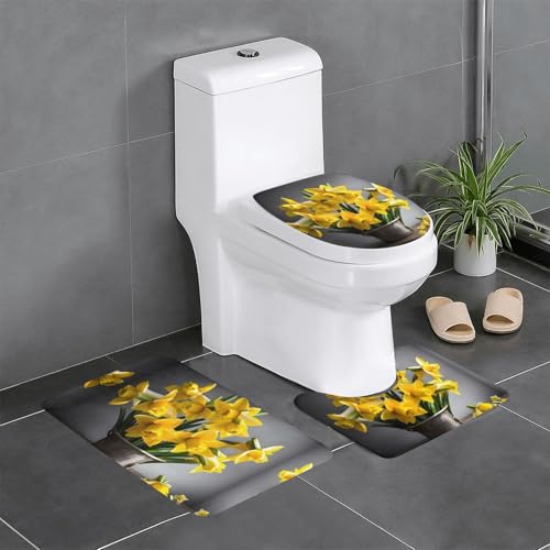 HDSKFNS Badteppich-Set mit Narzissen-Motiv, 3-teiliges Badteppich-Set, Flanell-Matten, für U-förmige WC-Wanne, Dusche von HDSKFNS