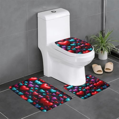 HDSKFNS Romantisches Badezimmerteppich-Set, mit rotem Herzmuster, 3-teilig, Badvorleger, Badezimmer, Flanellmatten, für U-förmige WC-Wanne, Dusche von HDSKFNS