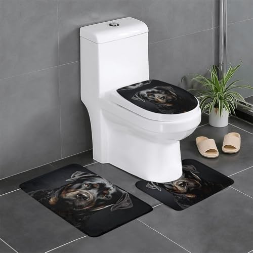 HDSKFNS Rottweiler Badezimmerteppich-Set, Tapetendruck, 3-teilig, Badematte, Badezimmer, Flanellmatten, für U-förmige WC, Badewanne, Dusche von HDSKFNS