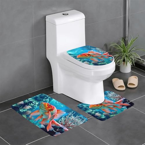 Underwater World Badezimmerteppich-Set, 3-teilig, Badematte, Flanell-Matten, für U-förmige WC-Wanne, Dusche von HDSKFNS
