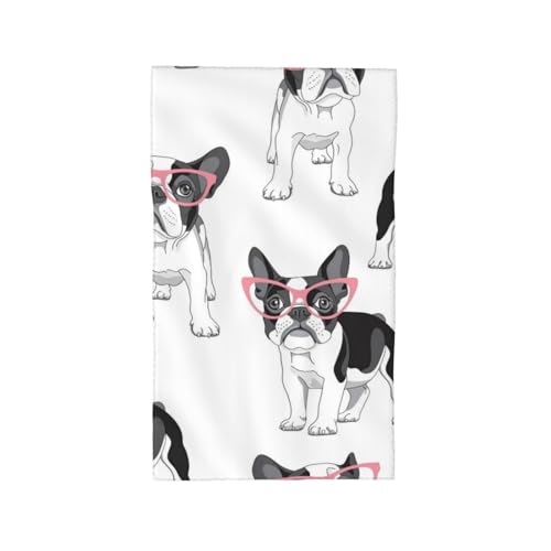 HDTVTV Schwarzer Frenchie Cartoon Französische Bulldogge Rosa Brille Weißer Hund， Strapazierfähiges Waschlappen-Handtuch, Reise-Waschhandtuch, 40 x 70 cm von HDTVTV