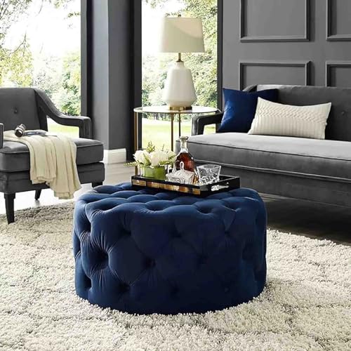 HDUMXNS Luxuriöse Comfy Plüsch Fußstütze Hocker,Kleine Mordern Couchtisch,Runde Tufted Samt Ottoman,Ende der Bett-Bank, für Zimmer-Schlafzimmer(Blue) von HDUMXNS