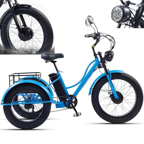 24'' Electric Tricycle for Adult -7 Speeds,3 Wheel Electric Trike with Large Basket,Fat Tyres Electric Cargo Tricycle for Senior, 48V15Ah Removable Battery - 65km Range,LCD-Display + Headlight,Blue von HDaspijh