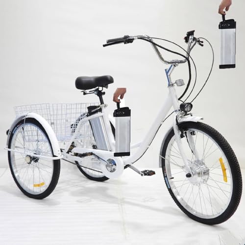 HDaspijh 24" Adult Tricycles, 3 Wheel Electric Trike for Senior, Soft Seat - Adjustable Height (29.5''-33.4''), 36V 12Ah Removable Battery - 30km Range, with Shopping Basket, Load 150kg/330 Lbs,White von HDaspijh