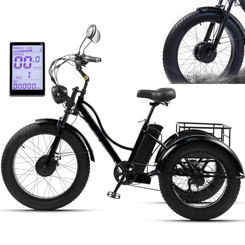 HDaspijh 24-Zoll-Dreirad für Erwachsene mit dicken Reifen (7 Gänge), großer Korb/Verstellbarer breiterer Sitz, LCD-Display + Scheinwerfer, herausnehmbarer 48-V-15-Ah-Akku – 65 km Reichweite,Black von HDaspijh