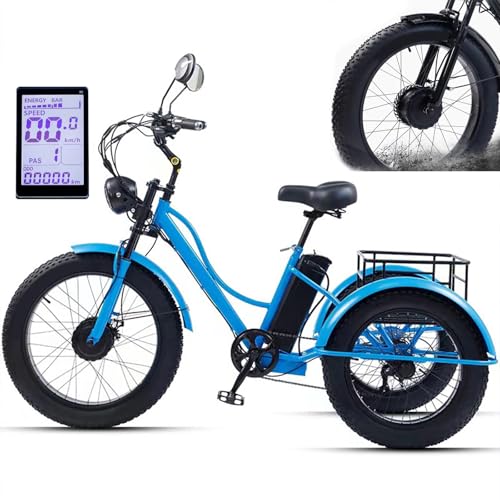 HDaspijh 24-Zoll-Dreirad für Erwachsene mit dicken Reifen (7 Gänge), großer Korb/Verstellbarer breiterer Sitz, LCD-Display + Scheinwerfer, herausnehmbarer 48-V-15-Ah-Akku – 65 km Reichweite,Blue von HDaspijh