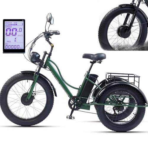 HDaspijh 24-Zoll-Dreirad für Erwachsene mit dicken Reifen (7 Gänge), großer Korb/Verstellbarer breiterer Sitz, LCD-Display + Scheinwerfer, herausnehmbarer 48-V-15-Ah-Akku – 65 km Reichweite,Green von HDaspijh