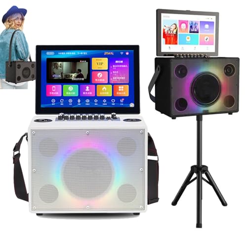 Karaoke Machine with 2 Wireless Microphones, Wireless Bluetooth Karaoke Device, 14.1-Inch Capacitive Touch Screen, APP Control, Cool Lighting, for Outdoors, Camping, Parties, Squares,White von HDaspijh