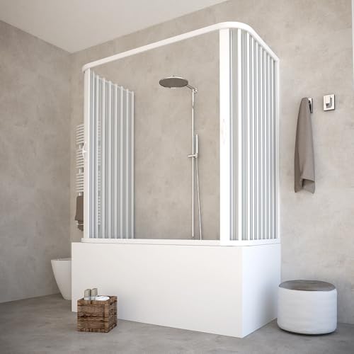 Badewannenabtrennung, 3 Türen, halbtransparente Paneele, weiße Profile, Modell Julia (70 x 170 x 70 cm) von HDcasa