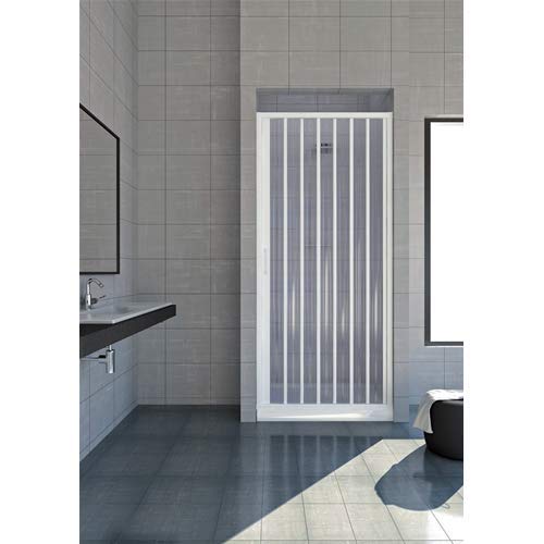 Duschkabine, 90 cm, Modell Jade, ausziehbar, aus PVC, einzigartige Tür mit halbtransparenten Paneelen, seitliche Öffnung mit Faltenbalg, Farbe: Weiß. von HDcasa