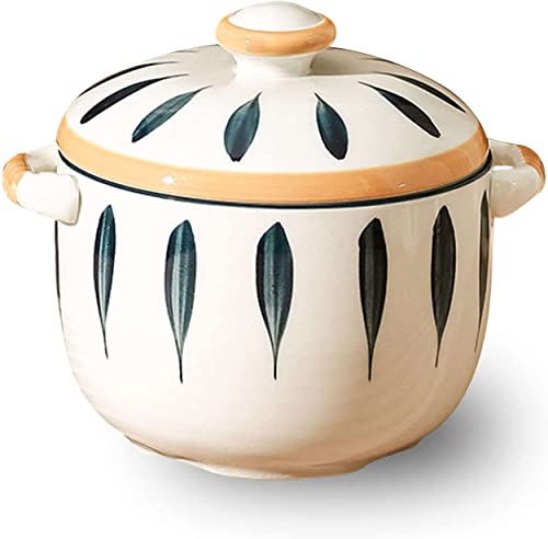 HEAGER Keramik Schüssel, Suppe Schüssel, Zwiebelsuppenschüssel mit Griffen und Deckel, 500 ml Keramikschüssel, mikrowellen- und ofenfest, 13,5 x 11 x 11,8 cm, Blau(White and Yellow1) von HEAGER