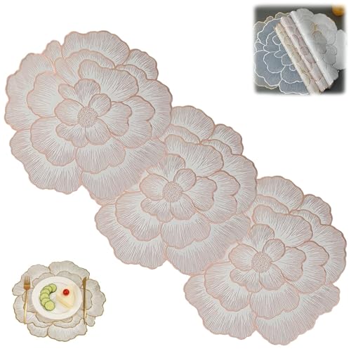 HEAGER Waschbare Metall-PVC-Tischkissen, Tischsets 3er-Pack PVC rutschfest Hitzebeständig Waschbar Pfingstrosenmuster Mehrfarbig(Rose Gold) von HEAGER