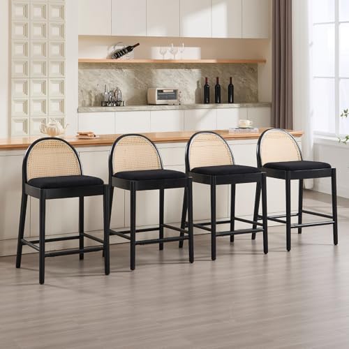 HEAH-YO Rattan Thekenhocker 4er Set, 66 cm Thekenhöhe Barhocker mit Rattan-Rückenlehnen und Holzbeinen, gepolsterter Sherpa-Küchenhocker für Insel, Schwarz HEAH-YO Rattan Thekenhocker 4er Set, 66 cm Thekenhöhe Barhocker mit Rattan-Rückenlehnen und Holzbeinen, gepolsterter Sherpa-Küchenhocker für Insel, Schwarz von HEAH-YO