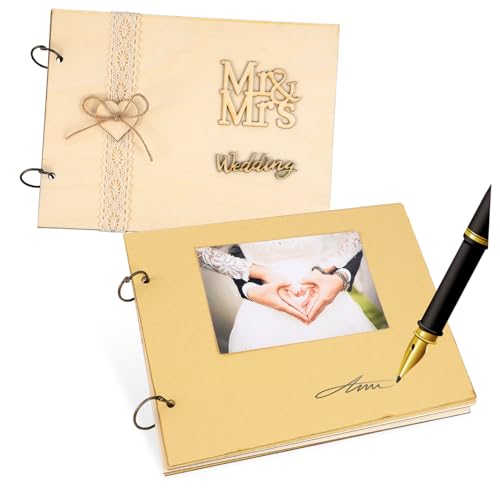 HEALEEP 2 Stück Wedding Buch Teilig mit Holz Hardcover Rustikal Elegant mit Spitzen und Holzherz Dekor Seiten Blanko für Persönliche Einträge für Hochzeit Empfang und Erinnerungen von HEALEEP