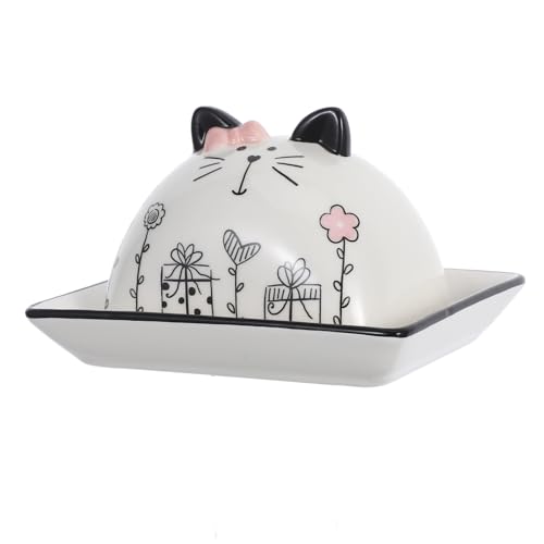 HEALEEP Keramik Butterdose mit Deckel Luftdichter Butterbehälter für Theke Cartoon Katzen Design Stabiler Butterhalter für Butter Käse Desserts Frische Lebensmittelaufbewahrung von HEALEEP