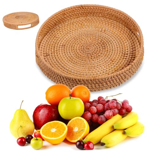 HEALEEP Rundes Rattan Serviertablett aus Natürlichem Rattan mit Ergonomischen Hohlgriffen Handgewebtes Snack und Obstkorb Tablett für Esszimmer und Outdoor Dekor von HEALEEP