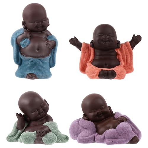 HEALLILY 4-teiliges Set kleiner Buddha-Statue, Buddha-Statue, Mönchfigur, Tee-Art-Ornament von HEALLILY