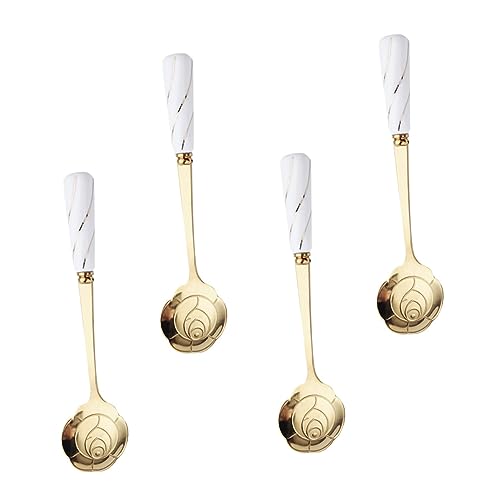 HEALLILY Kaffeelöffel in Blumenform aus Edelstahl mit Keramikgriff, praktische Dessert- und Küchenlöffel für Tee, Zucker, Eis, elegantes Rosen-Design, 4 Stück von HEALLILY