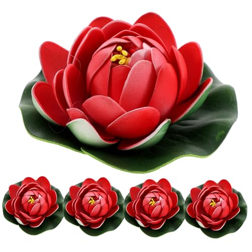 HEALSOPTHY 5 Stück Künstliche Lotusblumen Teiliges Schwimmend Geöffnet Weiße Rote Deko Teich Teichpflanzen Gartenteich Pool Garten Wetterfest Uv Beständig von HEALSOPTHY