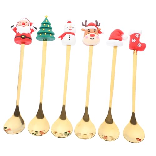 HEALSOPTHY 6 Stück Teiliges Weihnachts Party Dessertlöffel aus mit Xmas Motiven Lange Stiele Fein Poliert Runde Köpfe Geeignet für Kaffee Kuchen Getränke Festliche Tischdekoration von HEALSOPTHY
