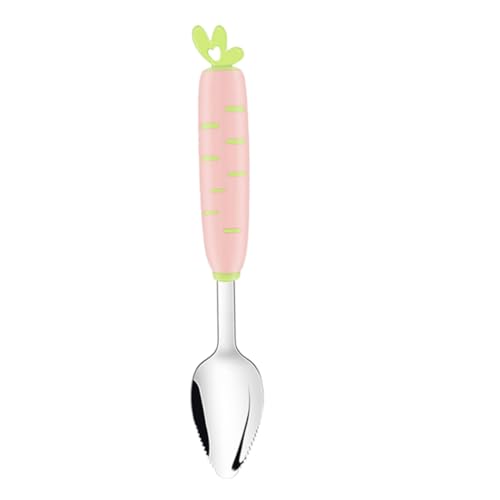 HEALSOPTHY Esslernlöffel aus Edelstahl Gebogenes Design Frei Leichter Weaning Spoon für Junge Mädchen und Kleinkinder Sicherer Löffel zum Füttern und Scrapen von Früchtebrei Rosa Karotten von HEALSOPTHY