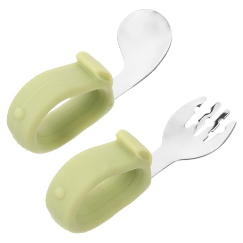 HEALSOPTHY Tragbares Kinderbesteck aus freiem Silikon mit Kurzem Griff Lernlöffel und Trainingsgabel für Kleinkinder für Selbstständiges Essen und Beikost Unterwegs Grün von HEALSOPTHY