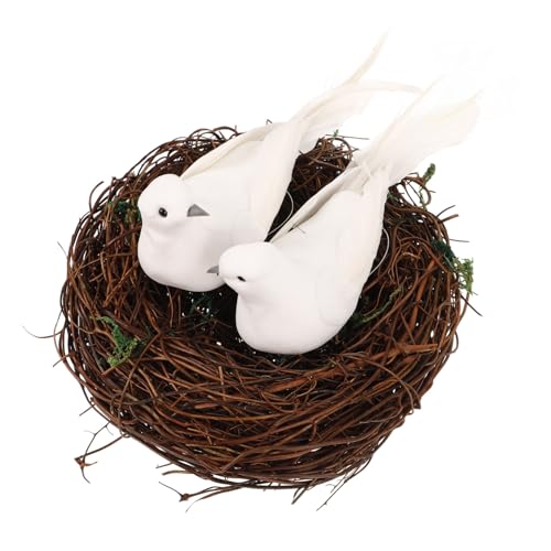 HEALSOPTHY Vogelhaus Deko Rattan Vogelnest mit Weißen Langschwanz Tauben Naturgetreues Handgefertigtes Nest für Garten Balkon Haus und Heimdekoration von HEALSOPTHY