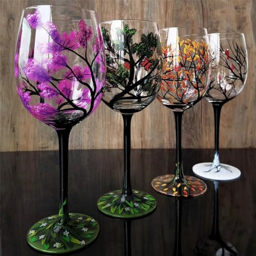 Vier Jahreszeiten Baum Weingläser - Handbemalte Kunst, Frühling Sommer Herbst Winter Farbig Bemalte Glaswaren Set (Mit Stiel, 4er Set) von HEAMOS