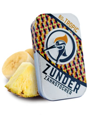 ZUNDER Zahnstocher | Zahnstocher mit Geschmack | 80 stück in Stylischer Dose | Perfekt geeignet zur Zahnreinigung, oder zum Abgewöhnen unliebsamer Angewohnheiten Geschmacksintensiv (Tropical) von HEART FOR CARDS